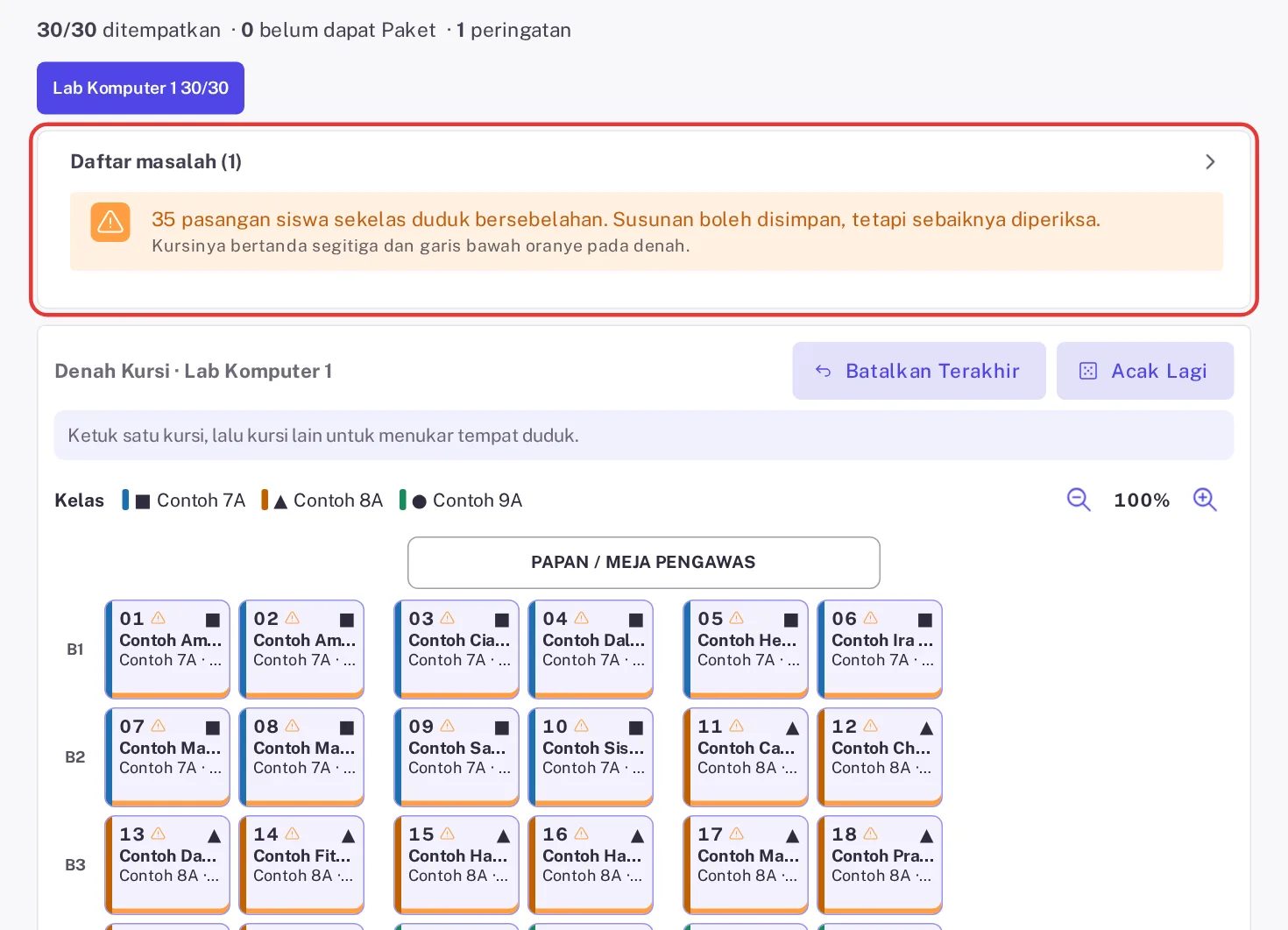 Daftar masalah berisi peringatan 35 pasangan siswa sekelas duduk bersebelahan pada pola Blok per kelas
