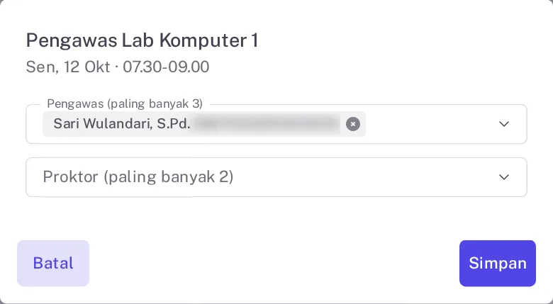 Dialog Pengawas Lab Komputer 1 untuk Senin pukul 07.30 sampai 09.00 dengan satu pengawas terpilih