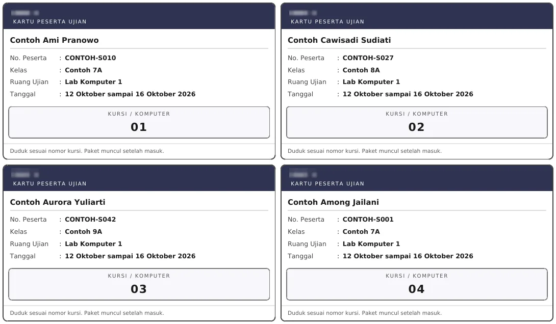 Cetakan PDF kartu peserta ujian berisi Ruang Ujian Lab Komputer 1 dan nomor kursi tanpa token