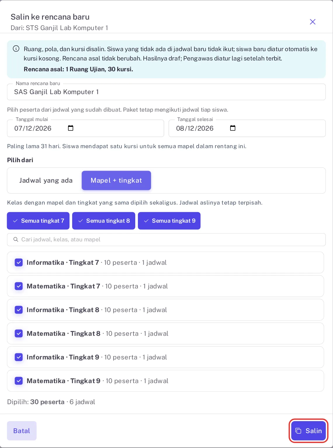 Dialog Salin ke rencana baru dari STS Ganjil Lab Komputer 1 dengan tanggal 7 sampai 8 Desember 2026 dan enam kelompok mapel tingkat 7 sampai 9 tercentang