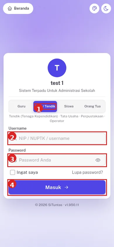 Halaman masuk SiTuntas di tampilan HP