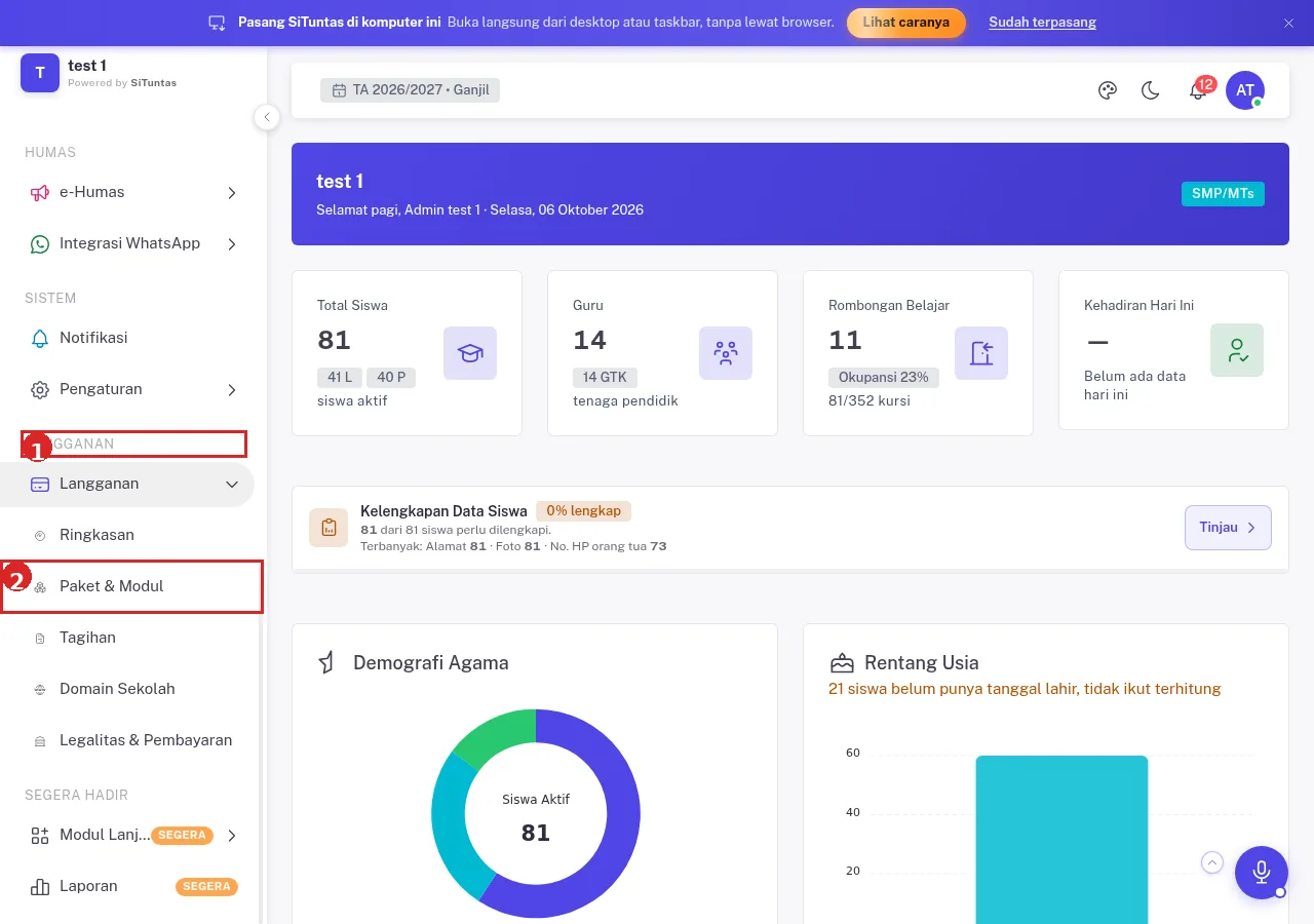 Sidebar LANGGANAN: klik Langganan lalu Paket & Modul