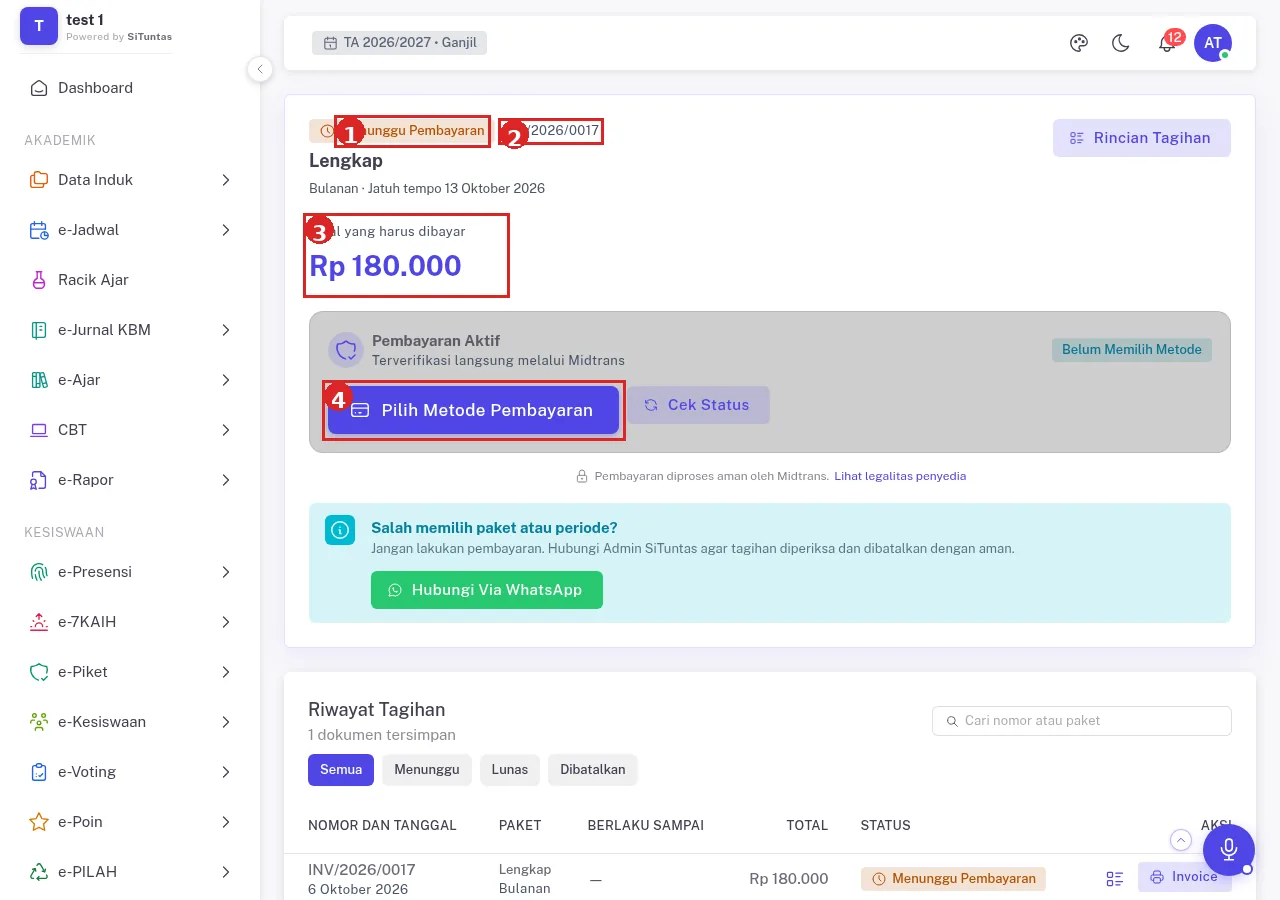 Tagihan menunggu pembayaran: Menunggu Pembayaran, INV, Total, dan tombol Pilih Metode Pembayaran