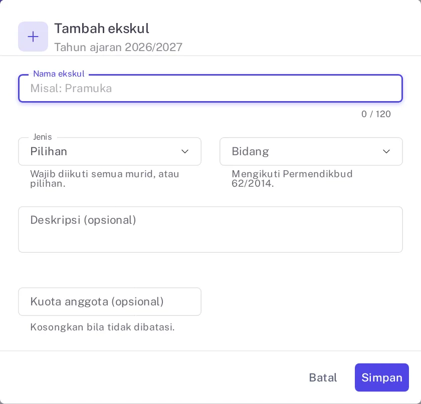 Dialog tambah ekskul dengan jenis, bidang, dan kuota