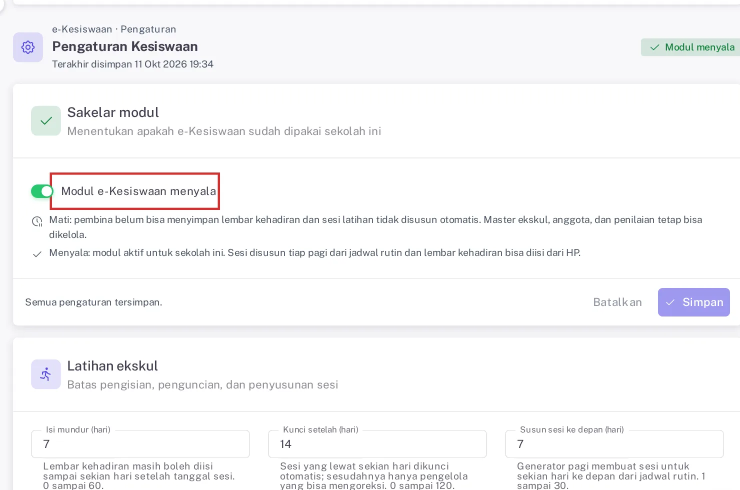 Sakelar modul e-Kesiswaan dalam keadaan menyala