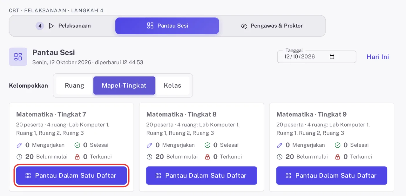 Pantau Sesi dikelompokkan per mapel dan tingkat dengan tombol Pantau dalam satu daftar