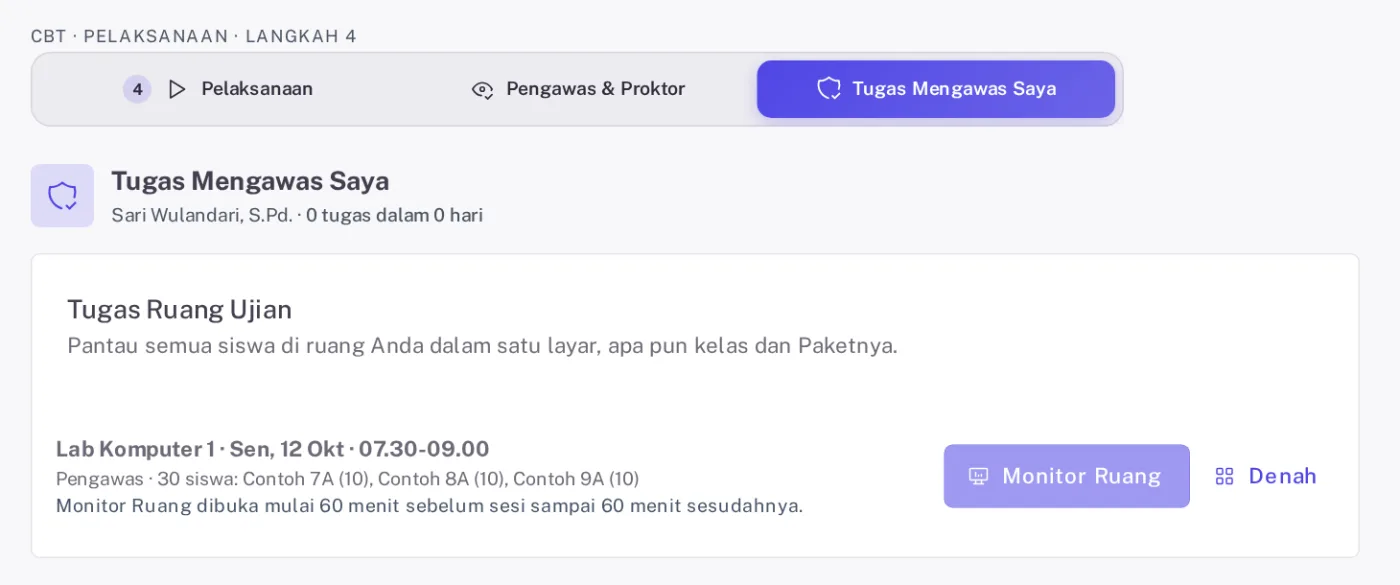 Halaman Tugas Mengawas Saya milik guru dengan kartu Tugas Ruang Ujian Lab Komputer 1