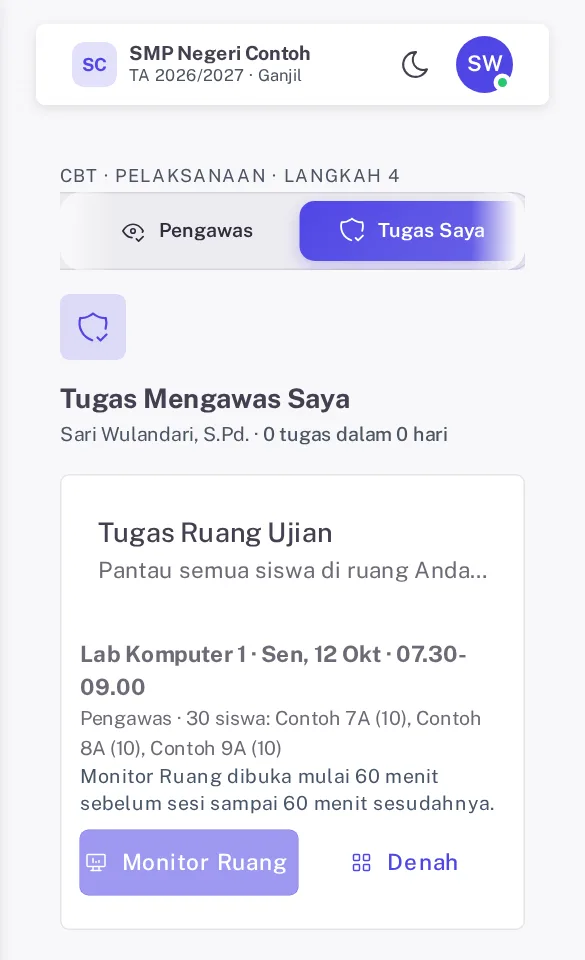 Kartu Tugas Ruang Ujian di layar HP dengan tombol Monitor Ruang dan Denah