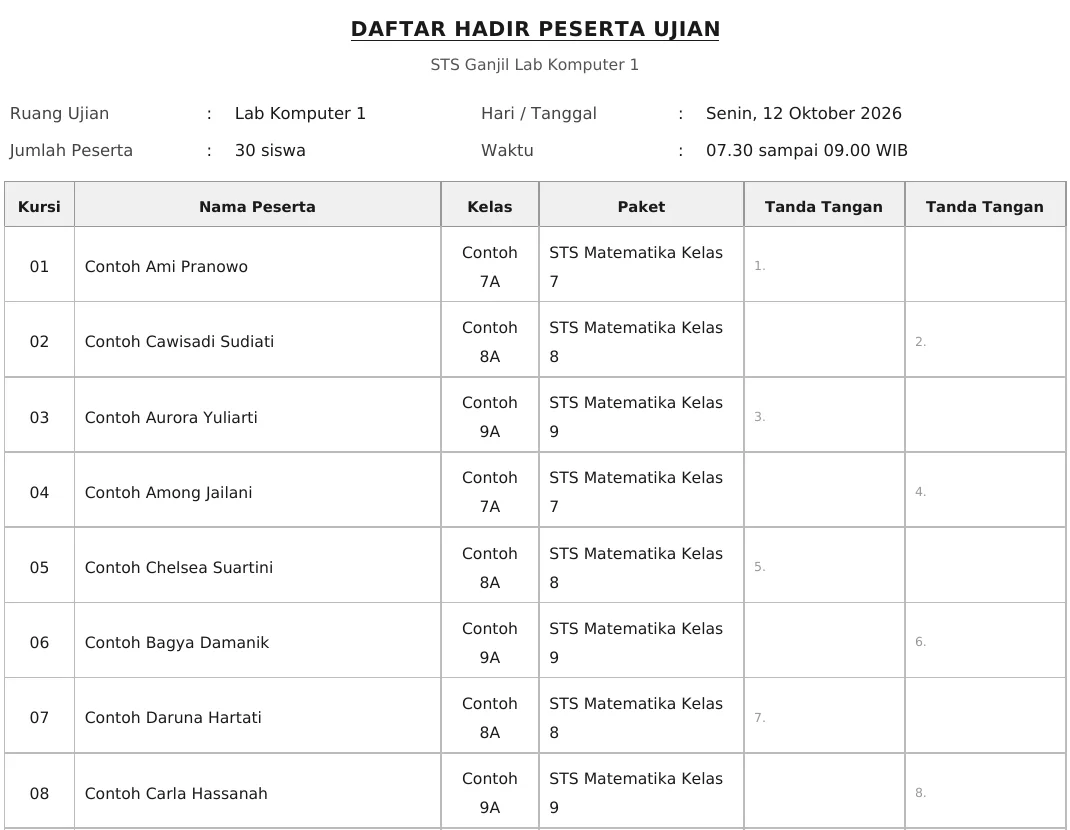 Cetakan PDF daftar hadir peserta ujian Lab Komputer 1 dengan kolom kursi, kelas, Paket, dan tanda tangan