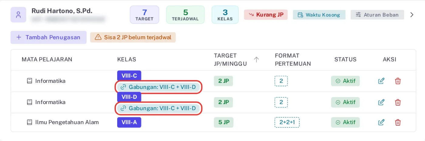 Kartu guru di daftar Penugasan Mengajar dengan dua baris Informatika berbadge Gabungan VIII-C + VIII-D