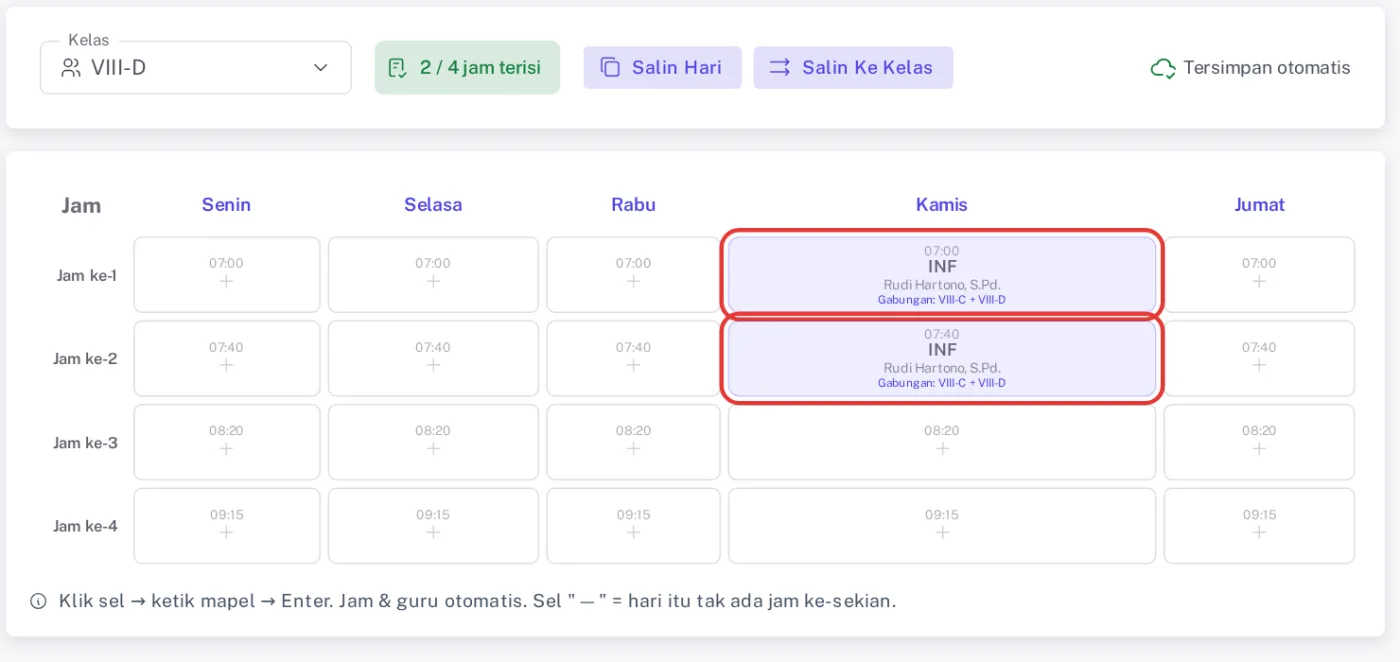 Isi Jadwal Manual kelas VIII-D dengan sel Kamis jam ke-1 dan ke-2 terisi INF berlabel Gabungan