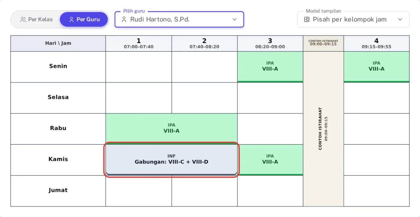 Tampilan Per Guru Jadwal Pelajaran dengan sel Kamis jam ke-1 sampai ke-2 bertuliskan INF Gabungan VIII-C + VIII-D