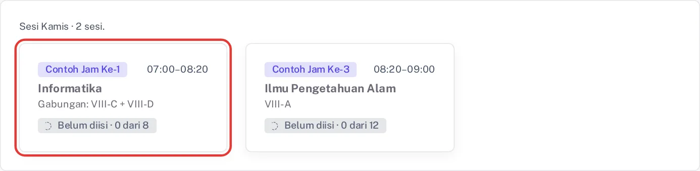 Daftar sesi Presensi Mapel hari Kamis dengan satu kartu Informatika Gabungan VIII-C + VIII-D berisi 8 siswa