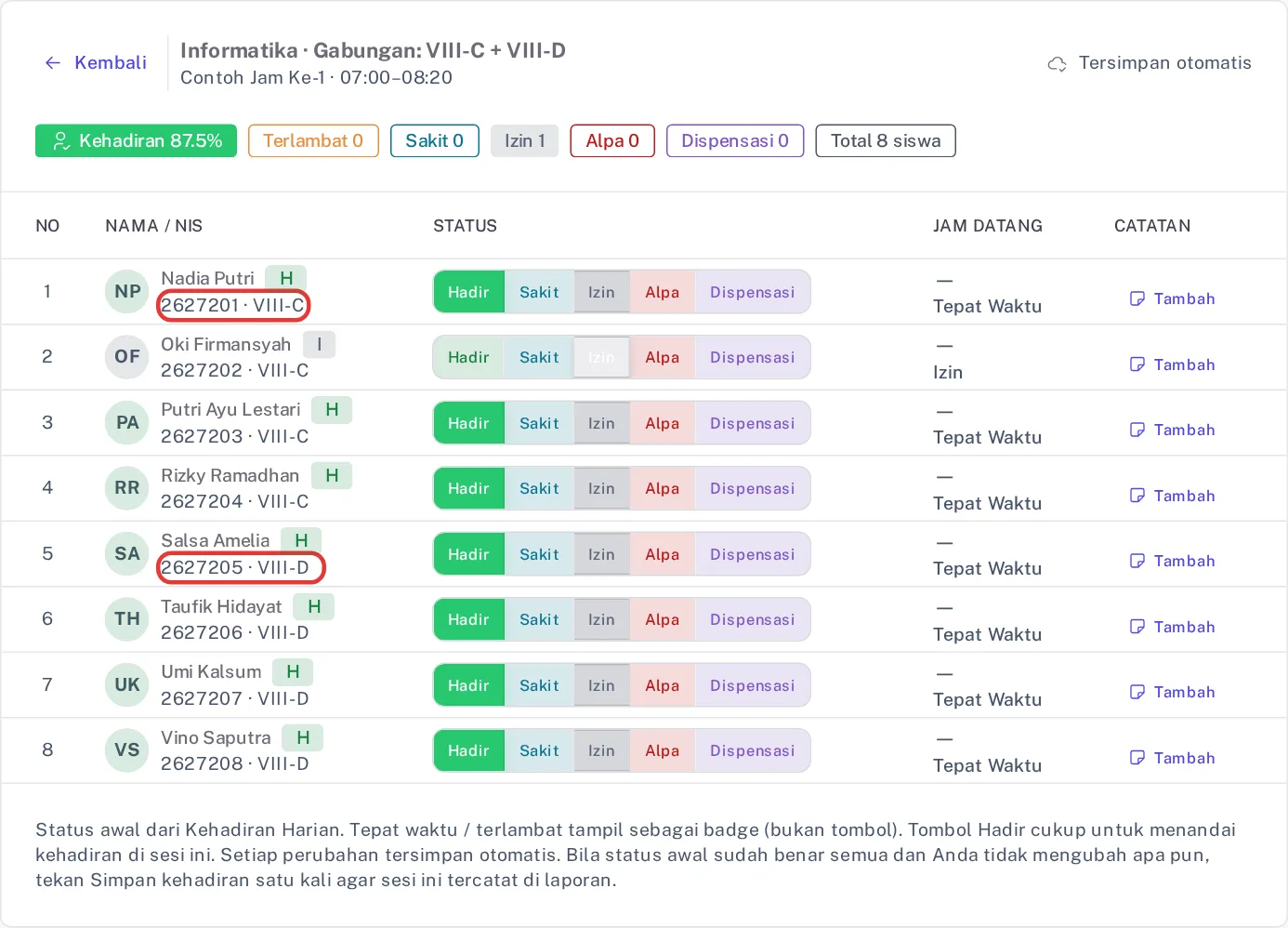 Daftar siswa sesi gabungan berisi delapan siswa dari VIII-C dan VIII-D dengan label kelas di bawah nama