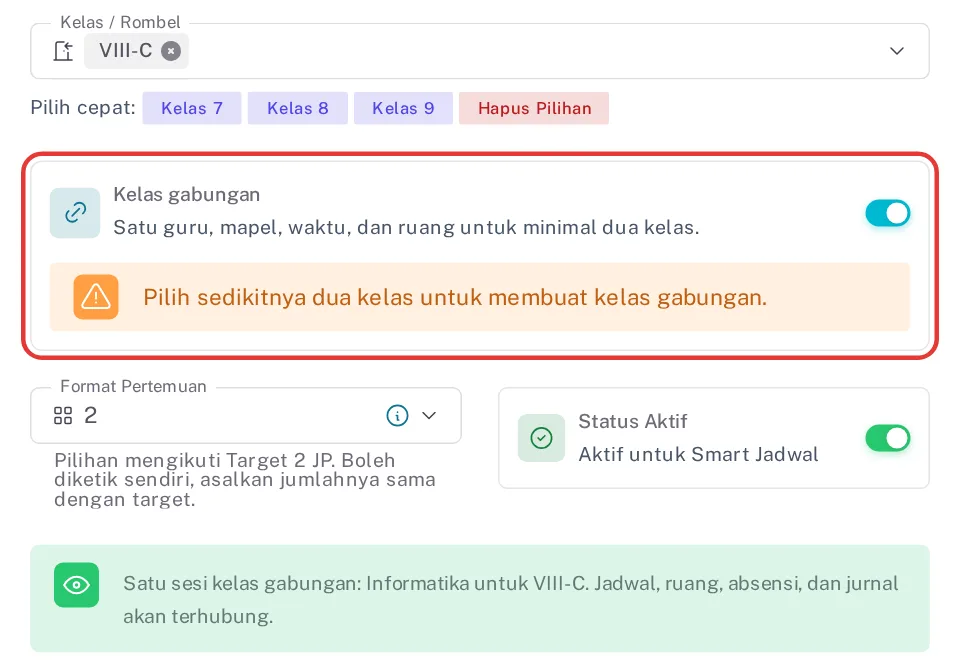 Kotak Kelas gabungan menyala dengan satu kelas terpilih dan peringatan untuk memilih sedikitnya dua kelas
