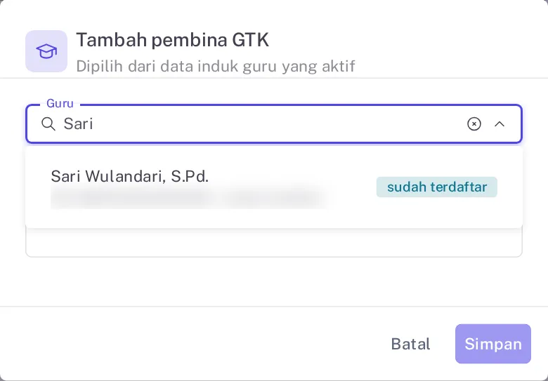 Dialog tambah pembina GTK dengan nama yang sudah terdaftar