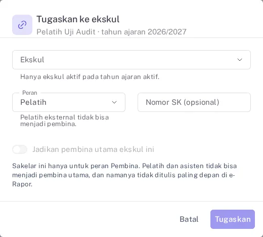 Dialog tugaskan pelatih ke ekskul dengan peran Pelatih