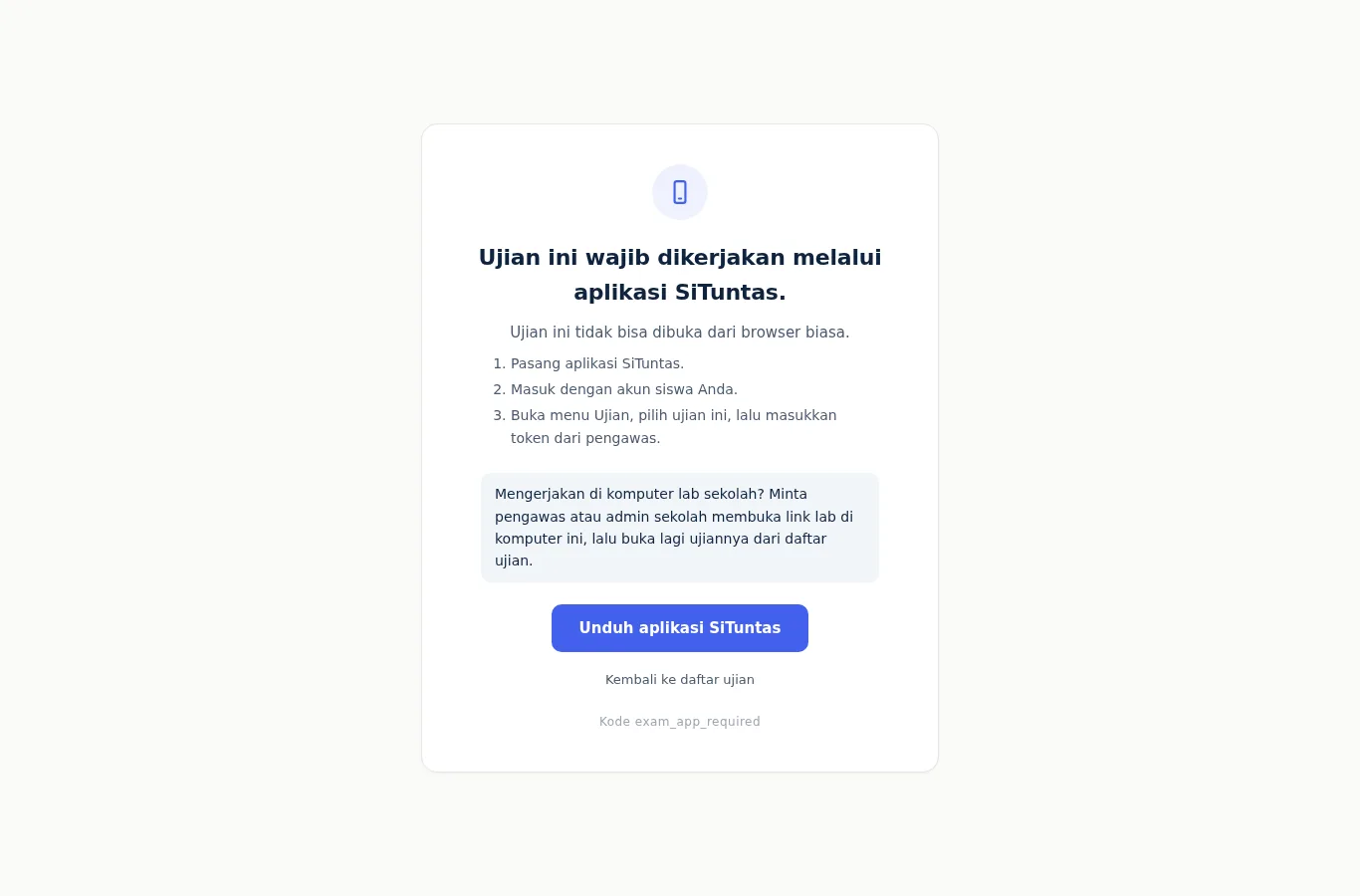 Halaman penolakan browser biasa saat ujian wajib aplikasi