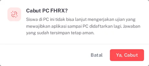 Dialog Cabut PC dengan penjelasan jawaban yang sudah tersimpan tetap aman, tombol Batal dan Ya, Cabut