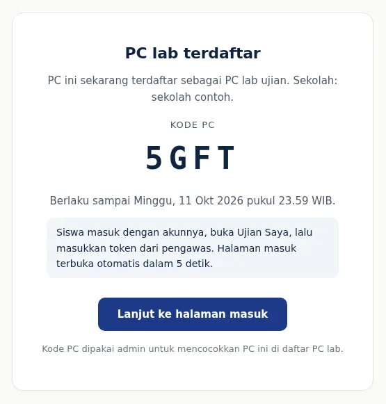 Halaman PC lab terdaftar sesudah Link Lab Hari Ini dibuka, dengan kode PC dan tombol Lanjut ke halaman masuk