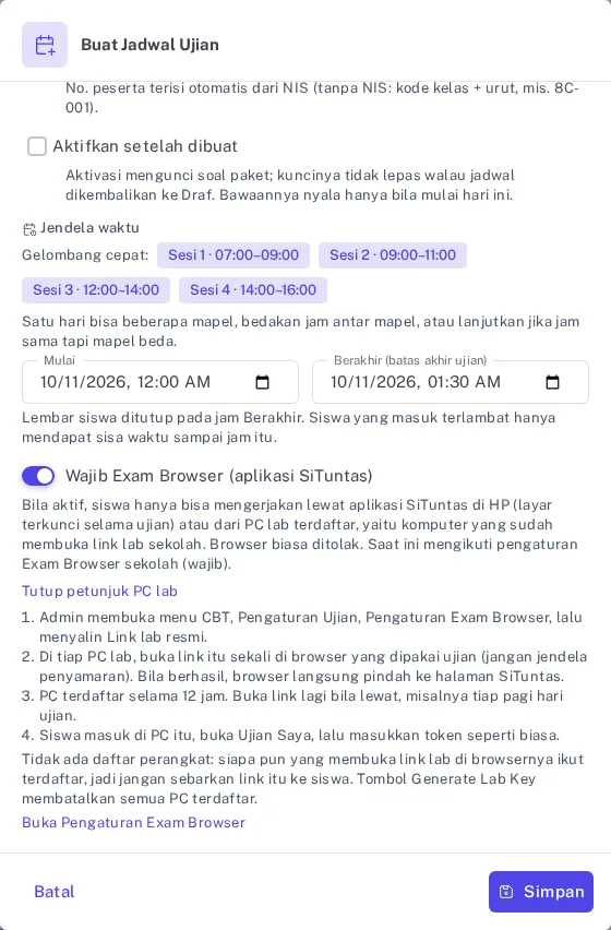 Dialog Buat Jadwal Ujian dengan petunjuk mendaftarkan PC lab lewat Link lab resmi