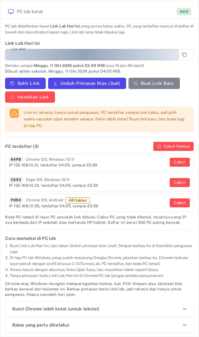 Kartu PC lab ketat di Pengaturan Exam Browser: Link Lab Hari Ini yang diburamkan, tombol Salin Link dan Unduh Pintasan Kios, serta tiga PC terdaftar dengan tombol Cabut