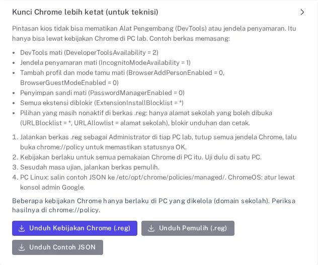 Lipatan Kunci Chrome lebih ketat dengan daftar kebijakan DevTools, penyamaran, dan profil, plus tombol unduh berkas reg dan JSON