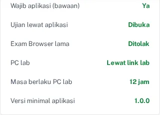 Status Integrasi pada jalur lama: Exam Browser lama ditolak, PC lab lewat link lab, masa berlaku 12 jam