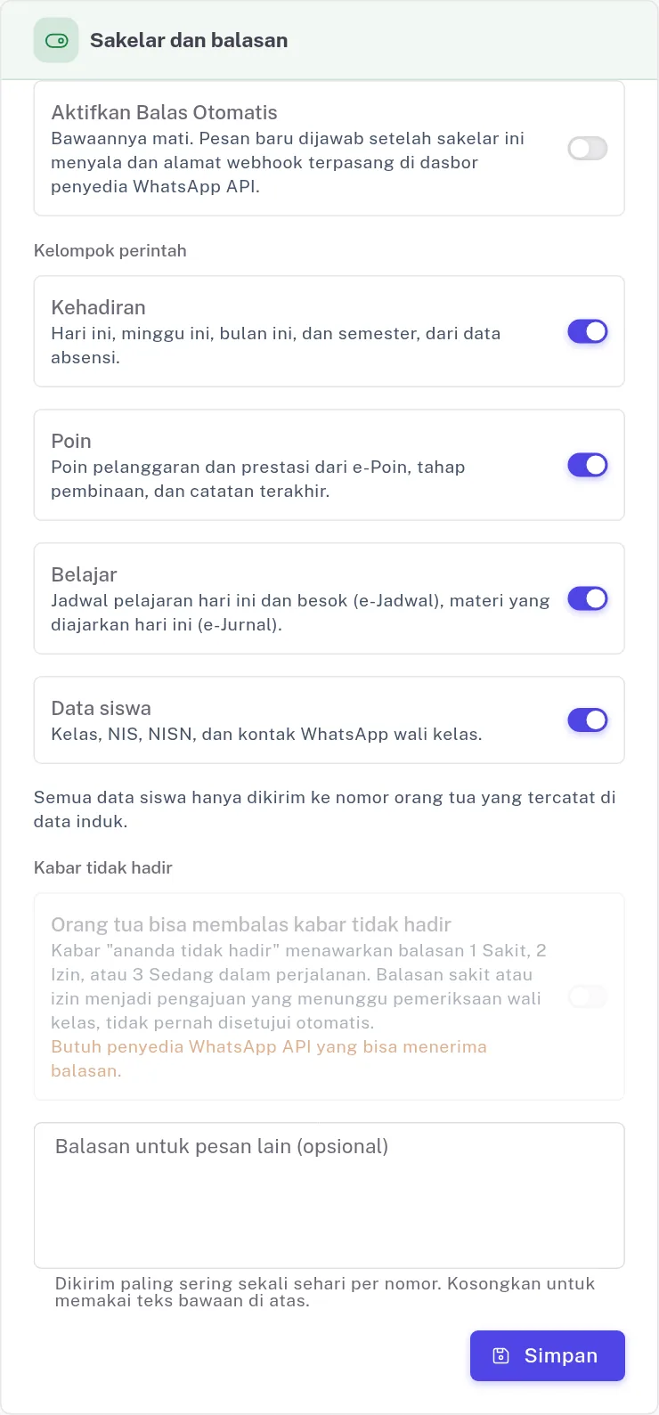 Kartu Sakelar dan balasan di Balas Otomatis: sakelar utama, kelompok perintah, dan kabar tidak hadir