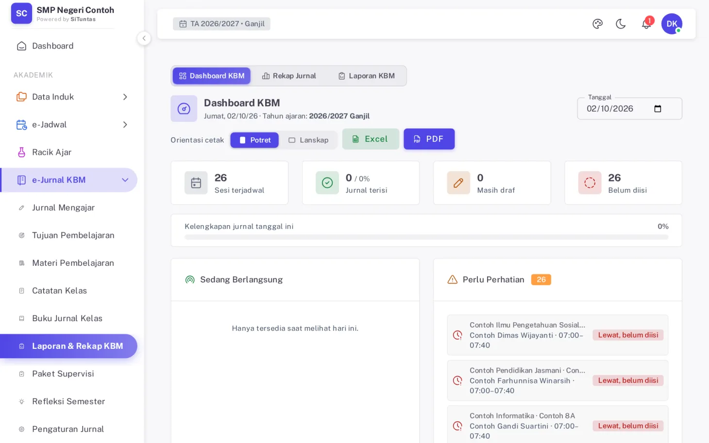 Sidebar akun admin dengan grup e-Jurnal KBM terbuka berisi sembilan menu dan tab Dashboard KBM di kanan
