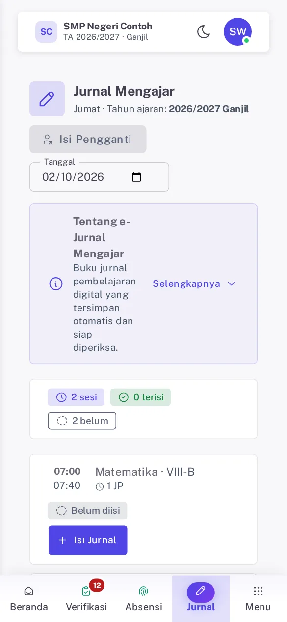 Daftar sesi Jurnal Mengajar di HP dengan chip ringkasan, kartu sesi Belum diisi, dan tombol Jurnal di bilah bawah