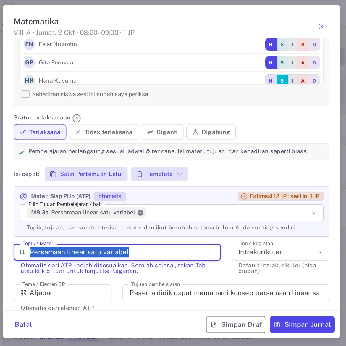 Baris Isi cepat dengan tombol Salin pertemuan lalu dan menu Template berisi template tersimpan