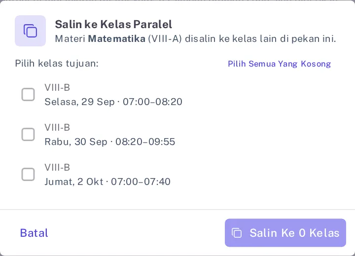 Dialog Salin ke Kelas Paralel berisi sesi kelas VIII-B pada pekan yang sama dan tombol salin