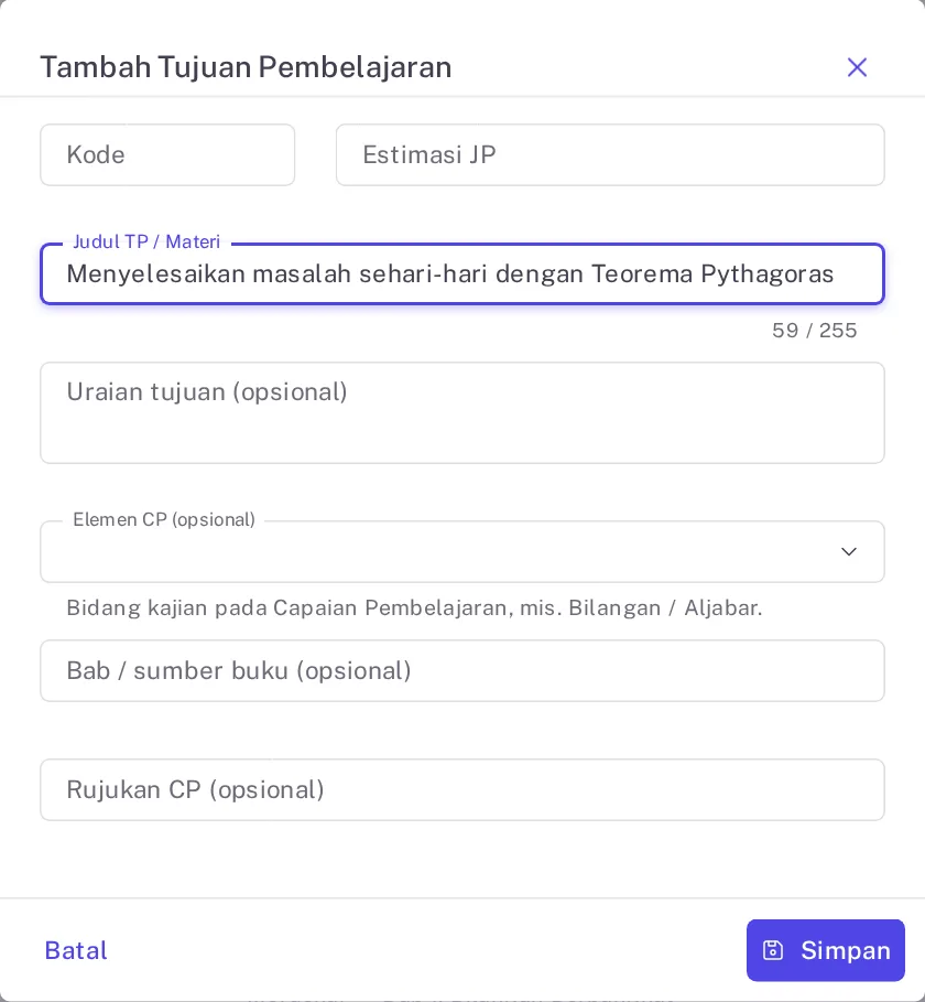 Dialog Tambah Tujuan Pembelajaran berisi contoh TP M8.6c dengan Elemen CP Analisis Data dan Peluang