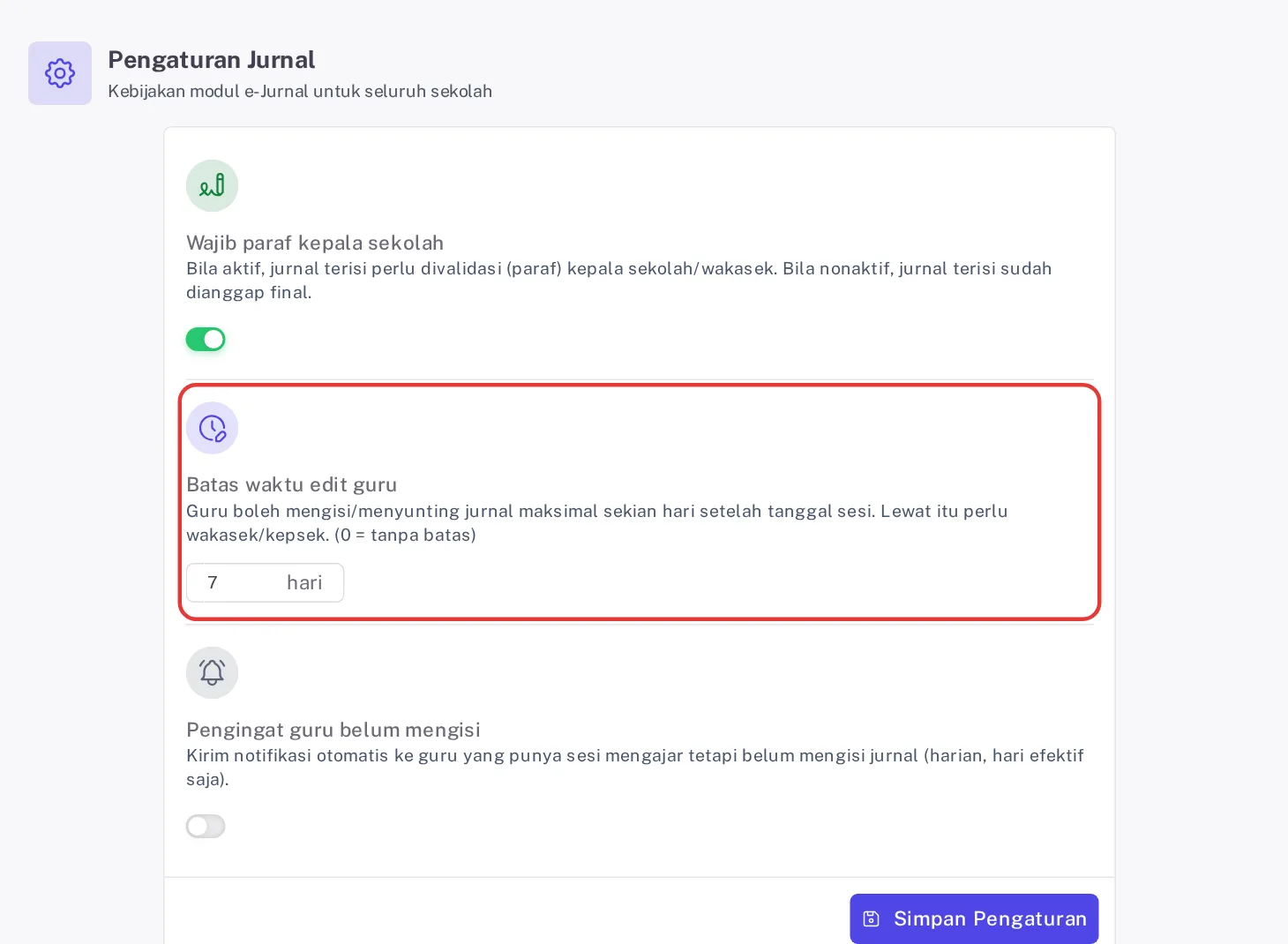 Halaman Pengaturan Jurnal dengan sakelar paraf menyala, batas waktu edit 7 hari, dan pengingat mati