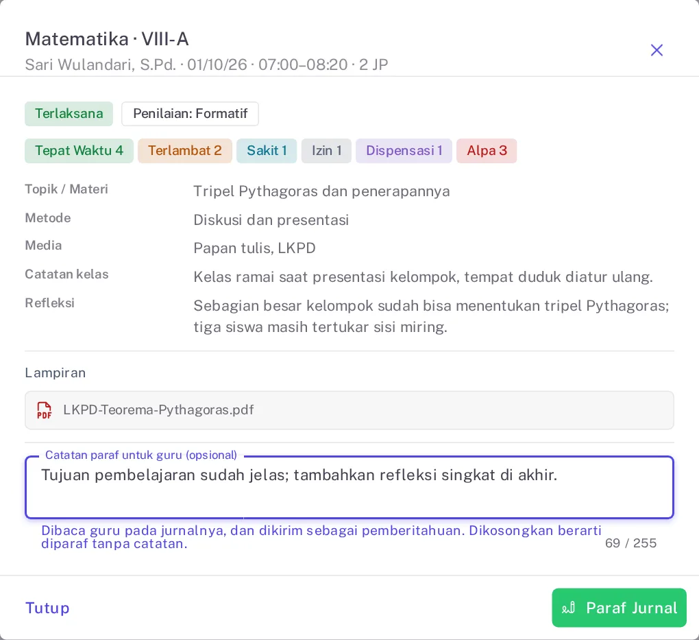 Dialog tinjau jurnal dengan isi jurnal, satu lampiran, kotak catatan paraf terisi, dan tombol Paraf Jurnal