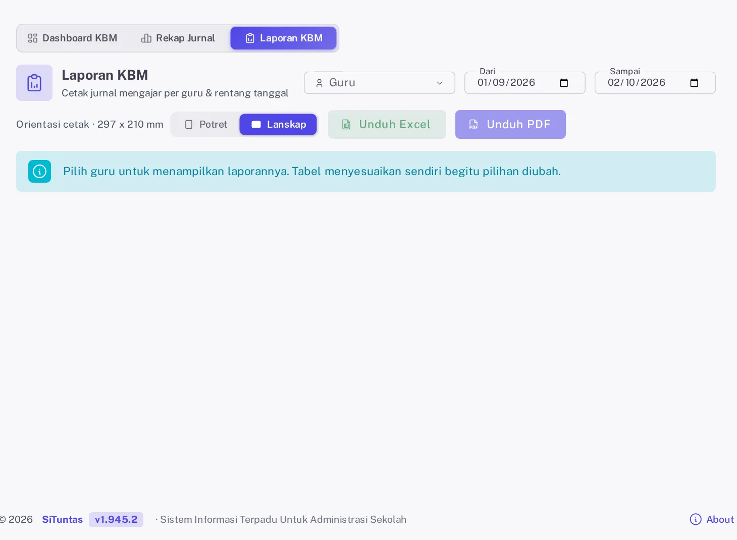 Tab Laporan KBM di akun pimpinan dengan tiga tab, isian Guru, Dari, Sampai, dan pilihan Orientasi cetak