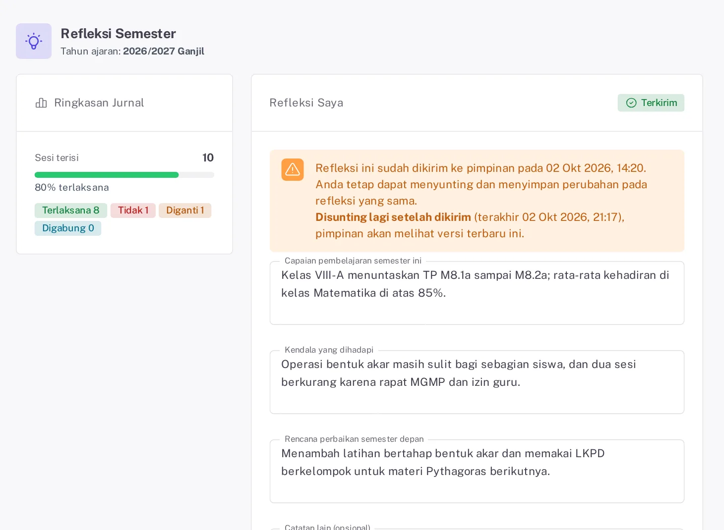 Halaman Refleksi Semester guru dengan kartu Ringkasan Jurnal dan formulir Refleksi Saya