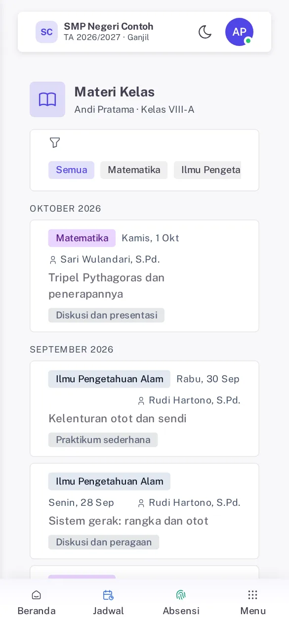 Menu Materi Kelas di HP siswa berisi cip mapel dan kartu materi Matematika serta IPA per bulan