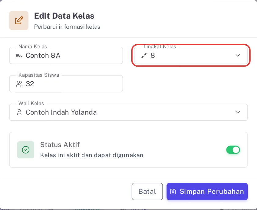 Dialog Edit Data Kelas rombel Contoh 8A dengan isian Tingkat Kelas bernilai 8 disorot