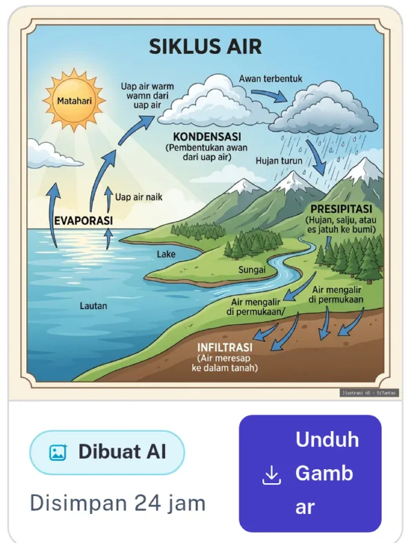 Hasil Buat Gambar di AI Chat: diagram siklus air berlabel bahasa Indonesia dengan keterangan Dibuat AI, Disimpan 24 jam, dan tombol Unduh Gambar
