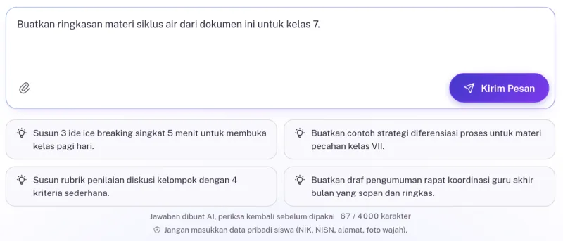 Kolom pesan AI Chat dengan catatan bahwa jawaban dibuat AI dan jangan memasukkan data pribadi siswa
