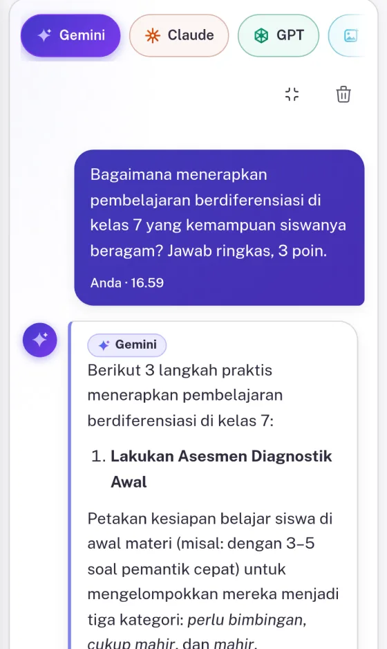 Percakapan AI Chat: guru bertanya tentang diferensiasi pembelajaran dan AI menjawab dengan strategi untuk kelas