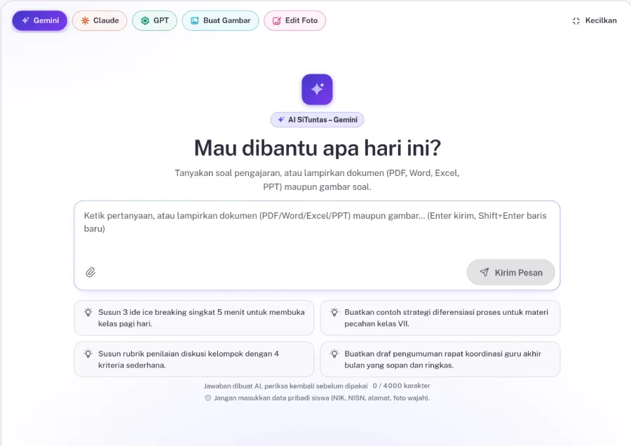 Halaman AI Chat SiTuntas dengan pilihan model Gemini, Claude, GPT, tombol Buat Gambar dan Edit Foto, kolom pesan, dan contoh pertanyaan