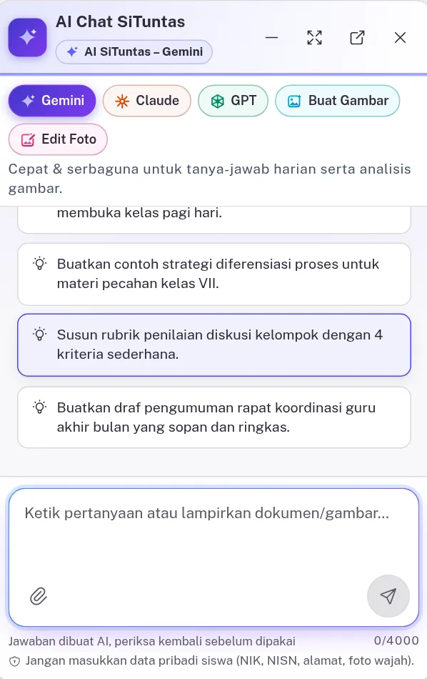 Jendela AI Chat SiTuntas berukuran kecil dengan chip Gemini, Claude, GPT, Buat Gambar, Edit Foto dan kolom pesan