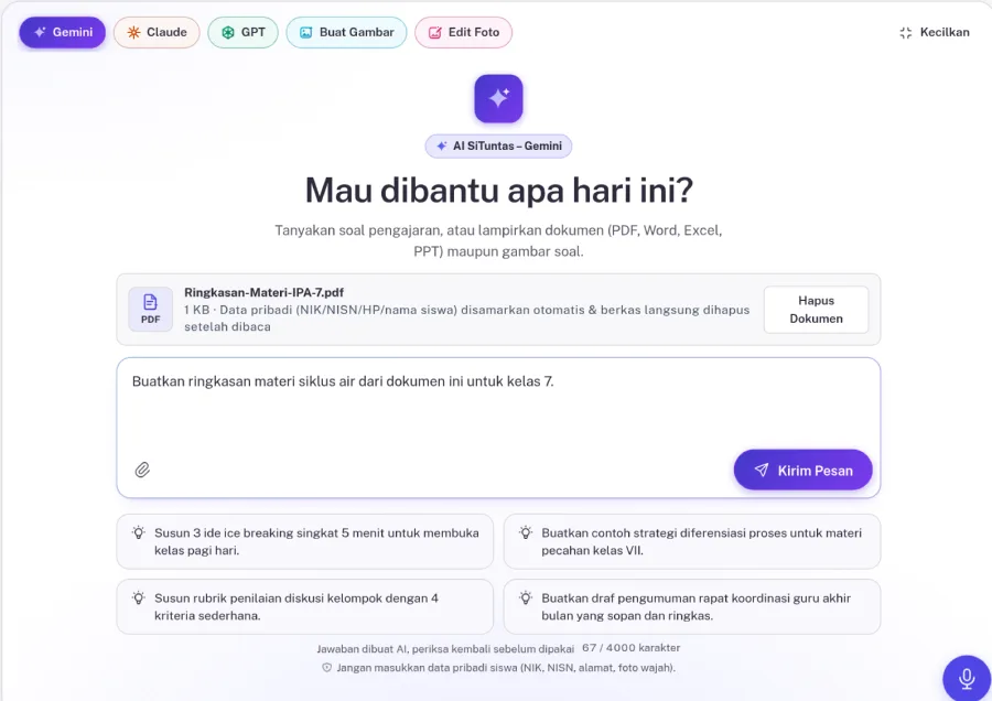 AI Chat dengan lampiran berkas PDF, kolom pesan terisi perintah ringkasan, dan tombol Kirim Pesan