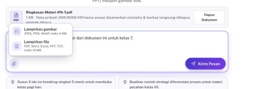 Menu klip di AI Chat dengan pilihan Lampirkan gambar dan Lampirkan file serta batas ukuran