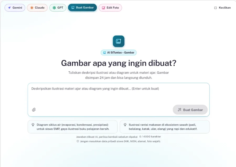 Mode Buat Gambar di AI Chat dengan kolom deskripsi dan contoh diagram siklus air