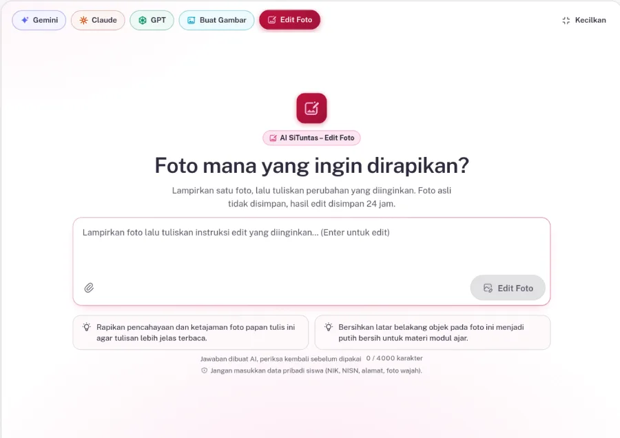 Mode Edit Foto di AI Chat dengan kolom instruksi edit dan contoh perintah merapikan foto papan tulis