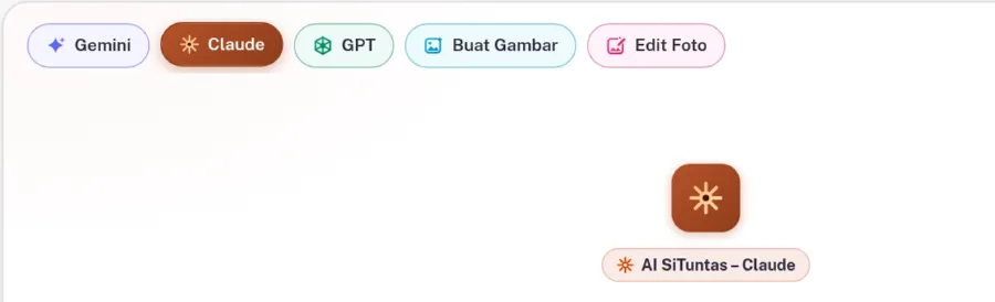 Deretan pilihan model di AI Chat SiTuntas: Gemini, Claude, GPT, Buat Gambar, dan Edit Foto, masing-masing dengan ikon dan nama
